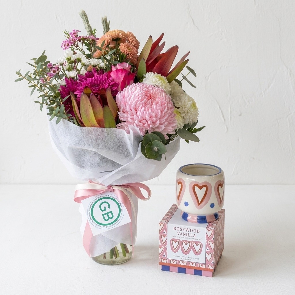 Fresh Posy Jar & Paddy Wax Candle | Seasonal Flowers | Same day flower delivery Perth | Flower Hamper Perth