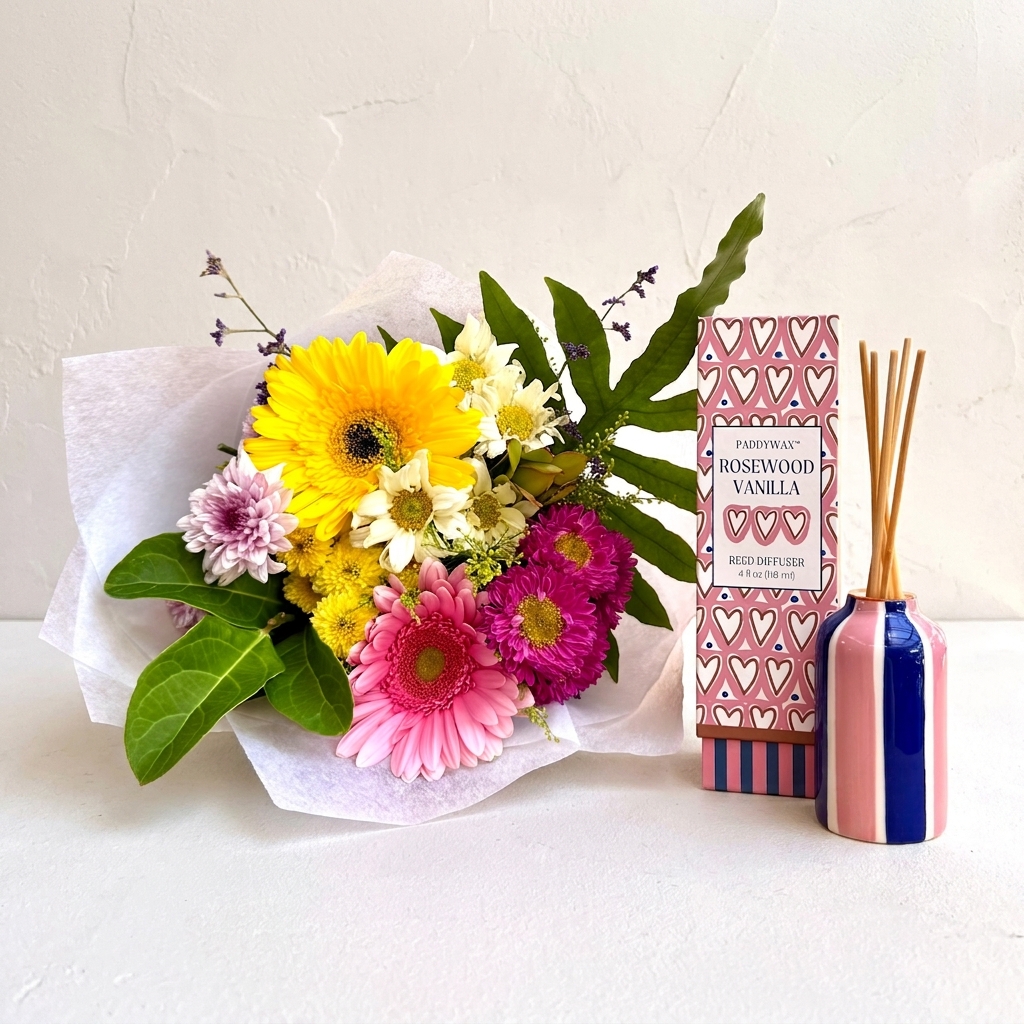 Seasonal Fresh Bouquet and Paddy Wax Reed Diffuser | Same Day Floral Hamper Delivery Perth