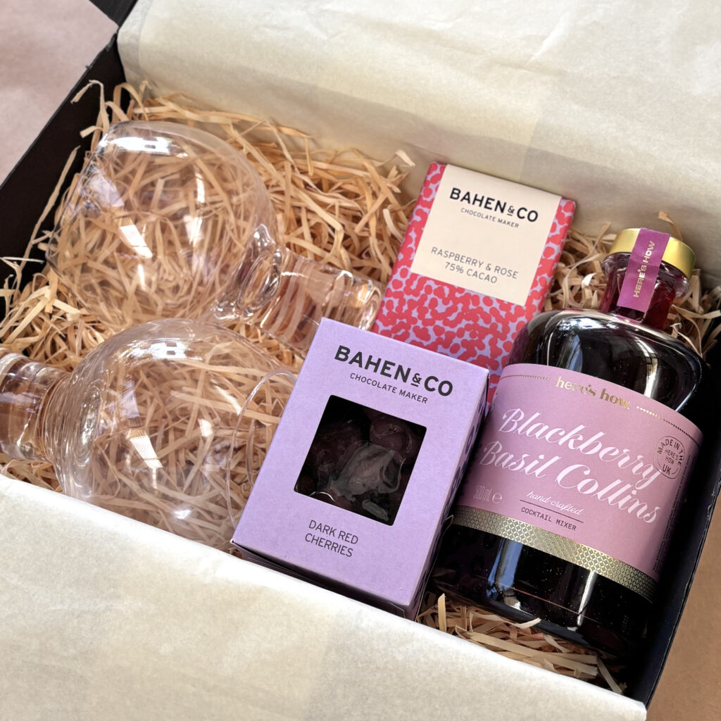 Berry Good Cocktail Hamper Berry themed gift hamper Bahen & Co Raspberry & Rose 75% Cacao bar Here's How Blackberry Collins Cocktail Mixer