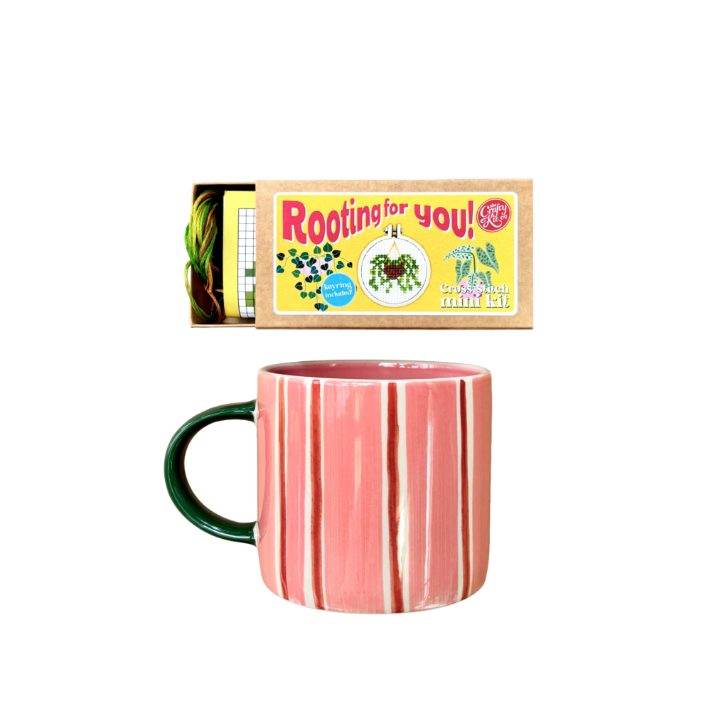 Crafty Co Mini Matchbox Cross Stitch Kit - Rooting For You! design Jones & Co Mug Bloomie Pink Stripe Pick-Me-Up Cup Gift Set