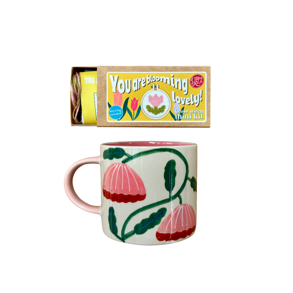 Crafty Co Mini Matchbox Cross Stitch Kit - You Are Blooming Lovely! design Jones & Co Mug Bloomie Pink Flower Pick-Me-Up Cup Gift Set