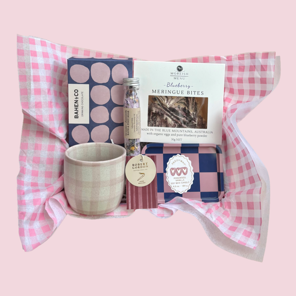Blueberry Pie Mother's Day Hamper. Mother's Day gift hamper Perth. Robert Gordon Cats Pyjamas Mug. Paddy Wax Rosewood & Vanilla candle tin. Bahen & Co hot chocolalte 200g. Lavender foot and bath soak. blueberry meringue bites.