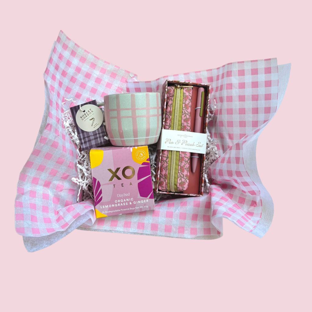 Pretty In Pink Mother's Day Hamper. Unique Hamper. Mother's Day gift hamper perth. XO tea daybed lemongrass and ginger. Robert Gordon Mug. Stationary pen and pouch set.
