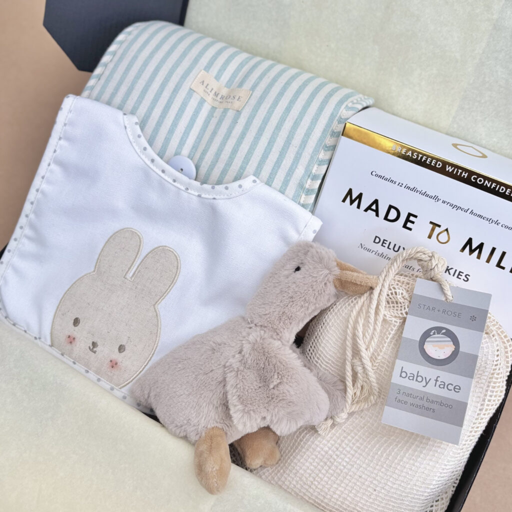 Welcome Baby Deluxe Baby Hamper gender neutral baby gifts - Made to Milk Lactation Cookies salted caramel fudge - Baby Swaddle - Baby change mat portable mint - baby rattle
