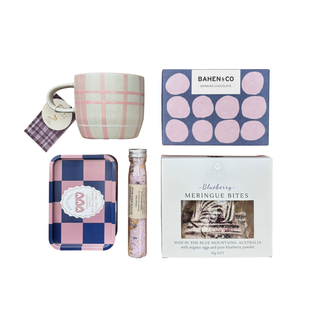 Blueberry Pie Mother's Day Hamper. Mother's Day gift hamper Perth. Robert Gordon Cats Pyjamas Mug. Paddy Wax Rosewood & Vanilla candle tin. Bahen & Co hot chocolalte 200g. Lavender foot and bath soak. blueberry meringue bites.