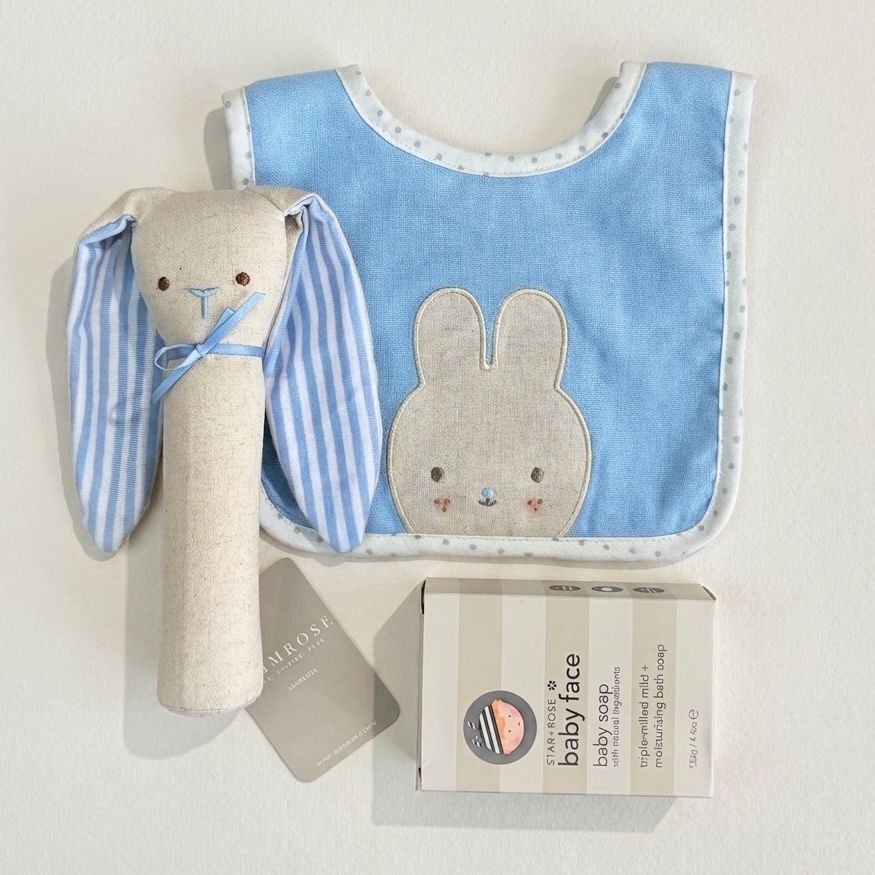 Baby Face | New Baby Gift Set | Blue | Bunny Bib, Bunny Rattle, Baby Soap