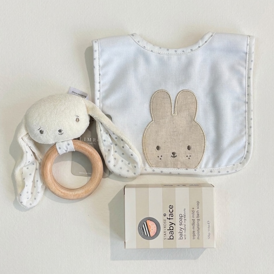 Baby Face | New Baby Gift Set | Cream | Bunny Bib, Bunny Rattle, Baby Soap