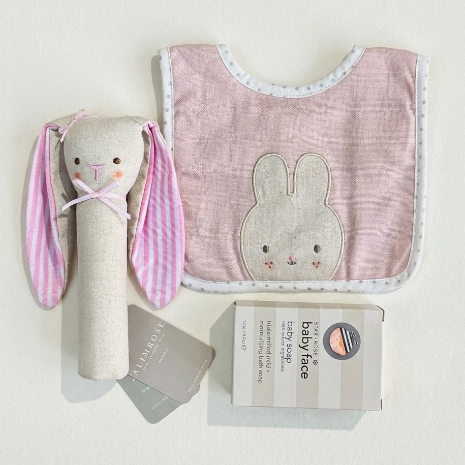 Baby Face | New Baby Gift Set | Pink | Bunny Bib, Bunny Rattle, Baby Soap