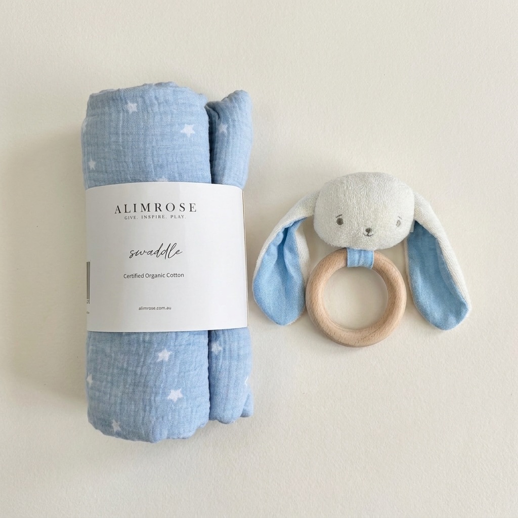 Alimrose Baby Muslin Swaddle & Teething Rattle | Blue