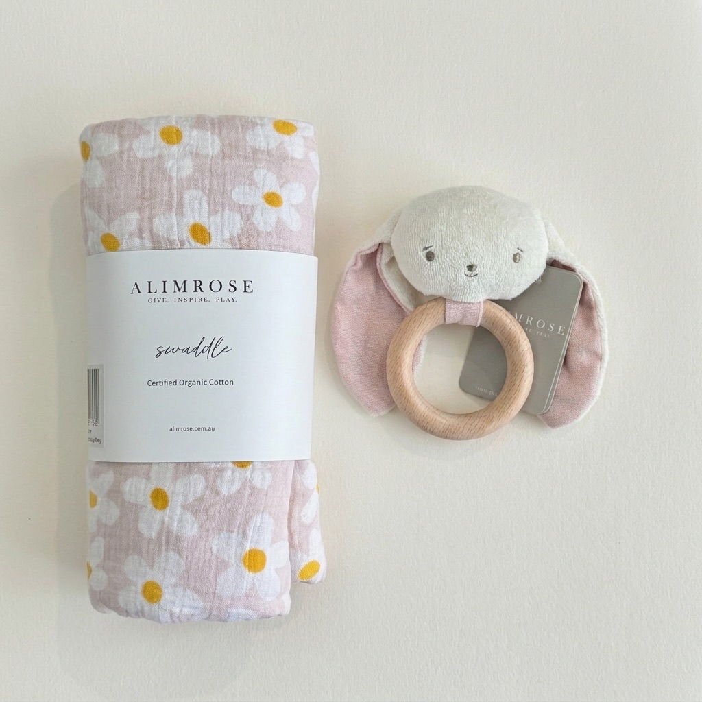 Alimrose Baby Muslin Swaddle & Teething Rattle | Pink