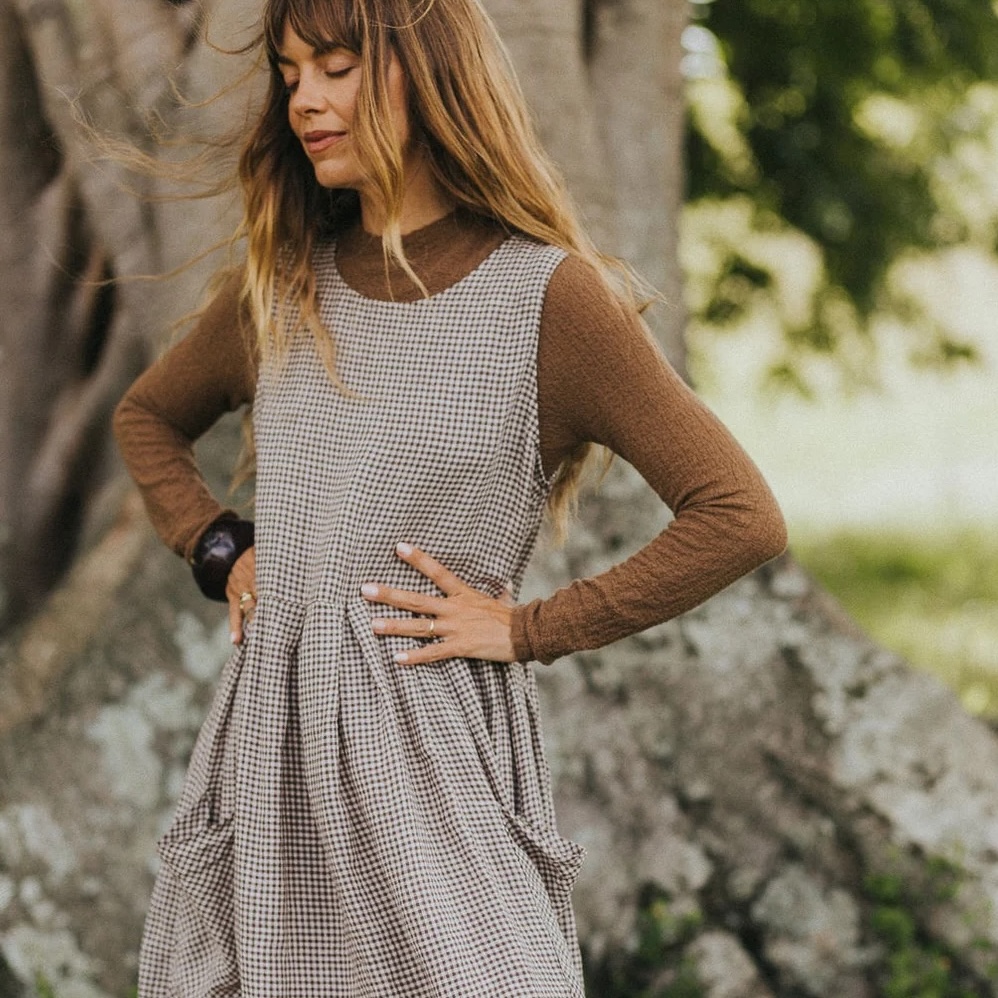 Montaigne - Sartene French Linen Dress in Tiny Brown Gingham