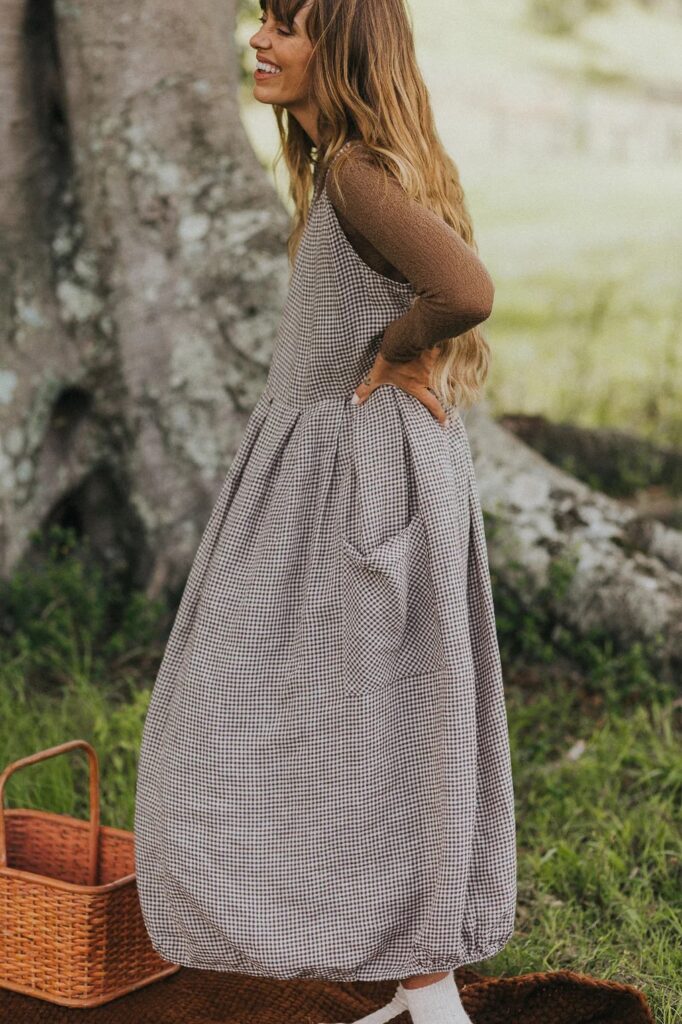 Montaigne - Sartene French Linen Dress in Tiny Brown Gingham