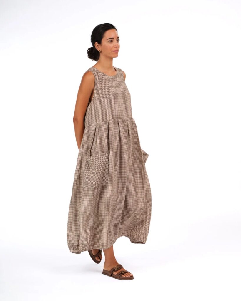 Montaigne - Sartene French Linen Dress in Tiny Brown Gingham
