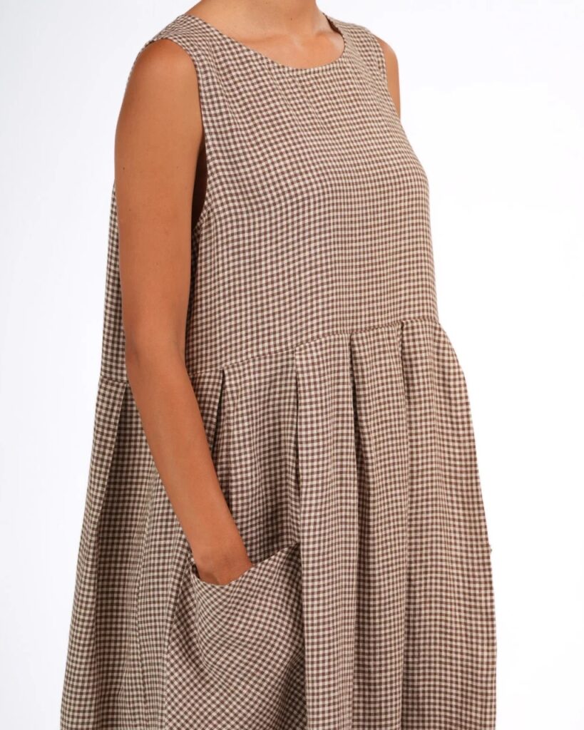 Montaigne - Sartene French Linen Dress in Tiny Brown Gingham