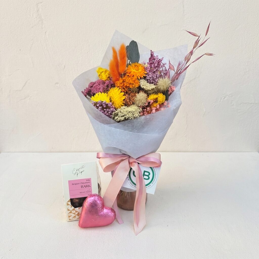 Dried Arrangement and Sweet Treats | Dried Flower Arrangement | Charlotte Piper Milk Chocolate Rocky Road Bark | Whistlers Milk Chocolate Foil Heart