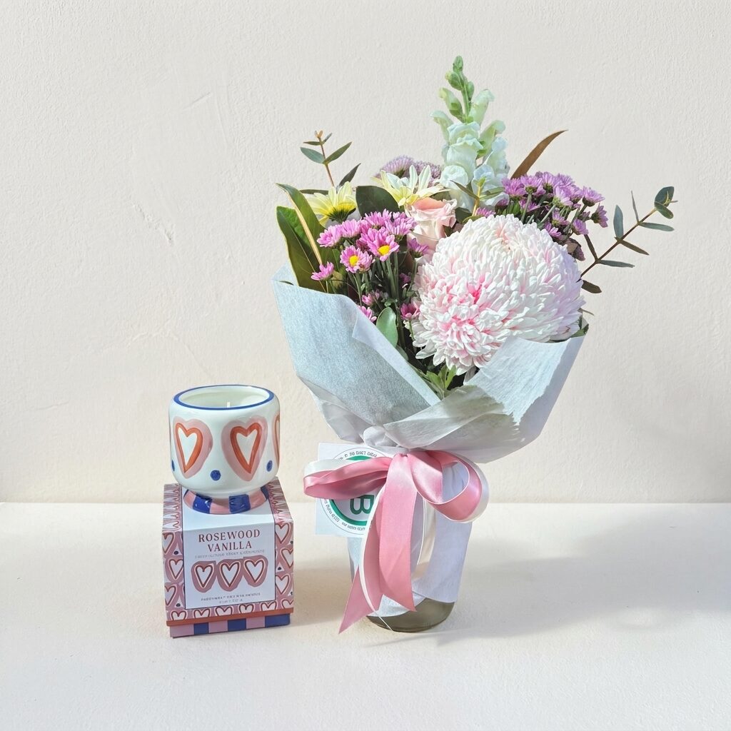 Fresh Posy Jar & Paddy Wax Candle | Seasonal Flowers | Same day flower delivery Perth | Flower Hamper Perth