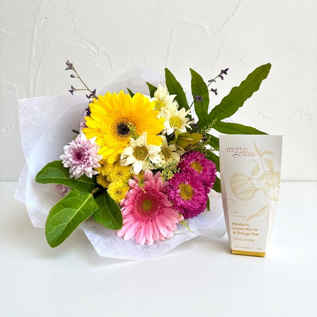 Seasonal Fresh Bouquet | Myrtle & Moss Hand Cream | Same Day Floral Hamper Delivery Perth