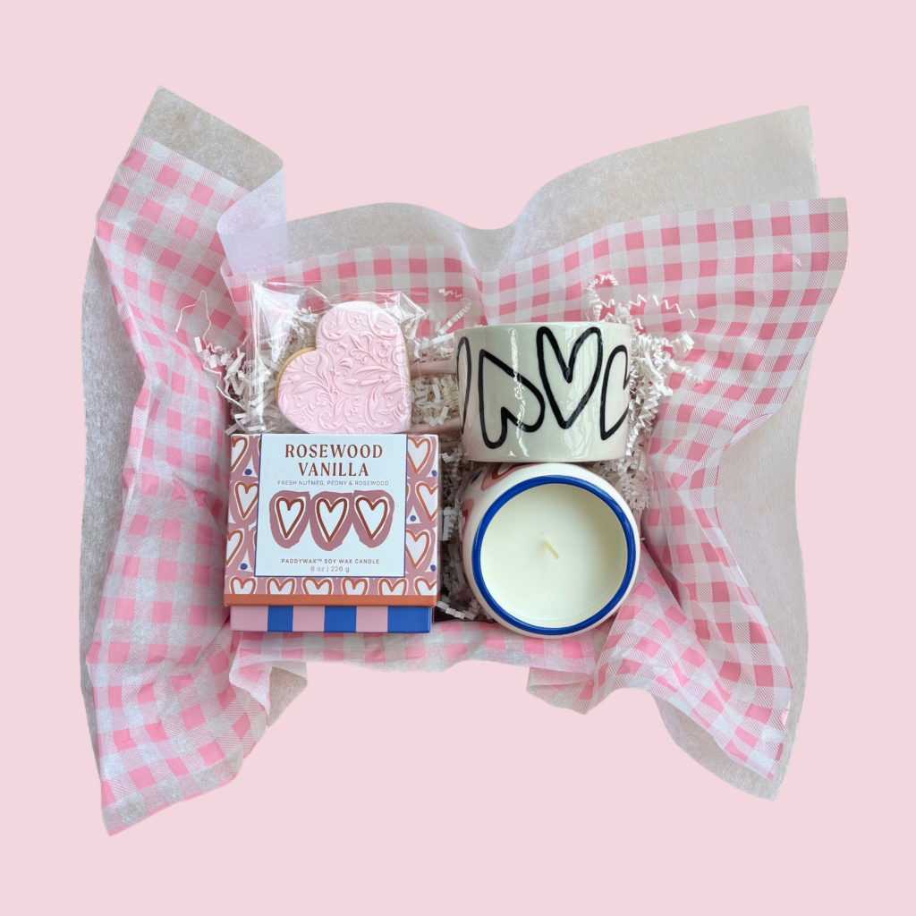 Just Because I Love You | Rosewood & Vanilla Mother's Day Hamper. Mother's Day gift hamper delivered Perth. Paddy Wax soy candle Rosewood & Vanilla. Caroline Gardner Ceramic Mug 'pink hearts'.