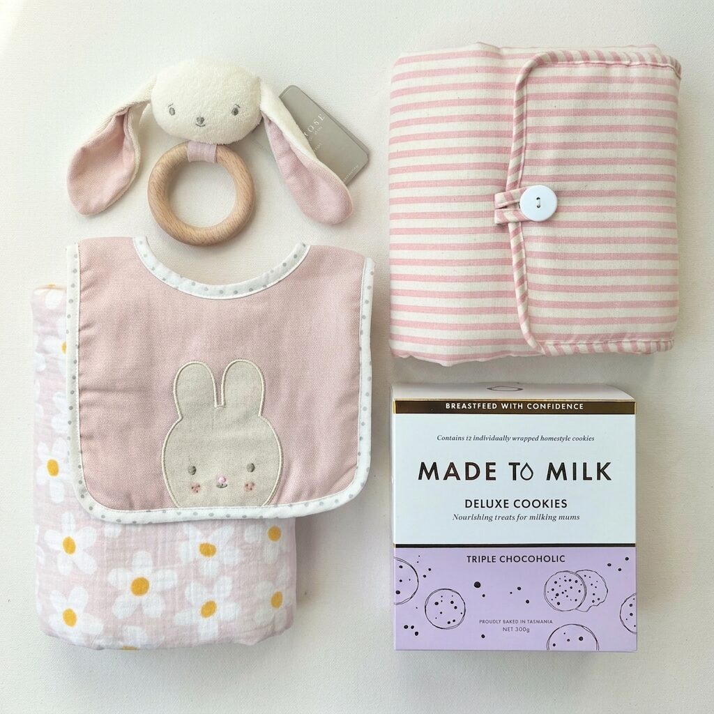 Welcome Baby girl Deluxe Baby Hamper Baby girl gifts - Made to Milk Lactation Cookies Triple Choc - Baby Swaddle pink - Baby change mat portable pink - baby teething toy pink