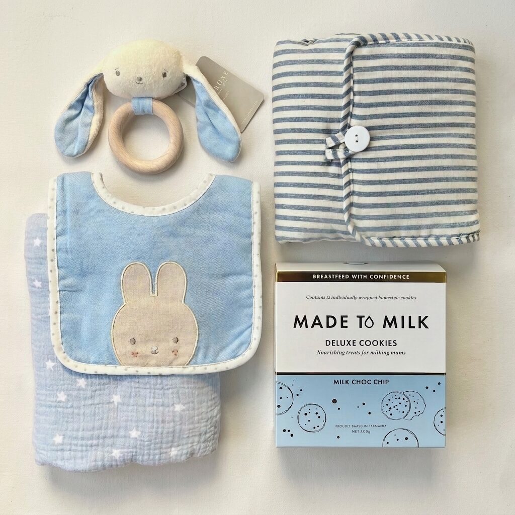 Welcome Baby Boy Deluxe Baby Hamper Baby boy gifts - Made to Milk Lactation Cookies Milk Choc Chip - Baby Swaddle blue - Baby change mat portable blue - baby teething toy blue