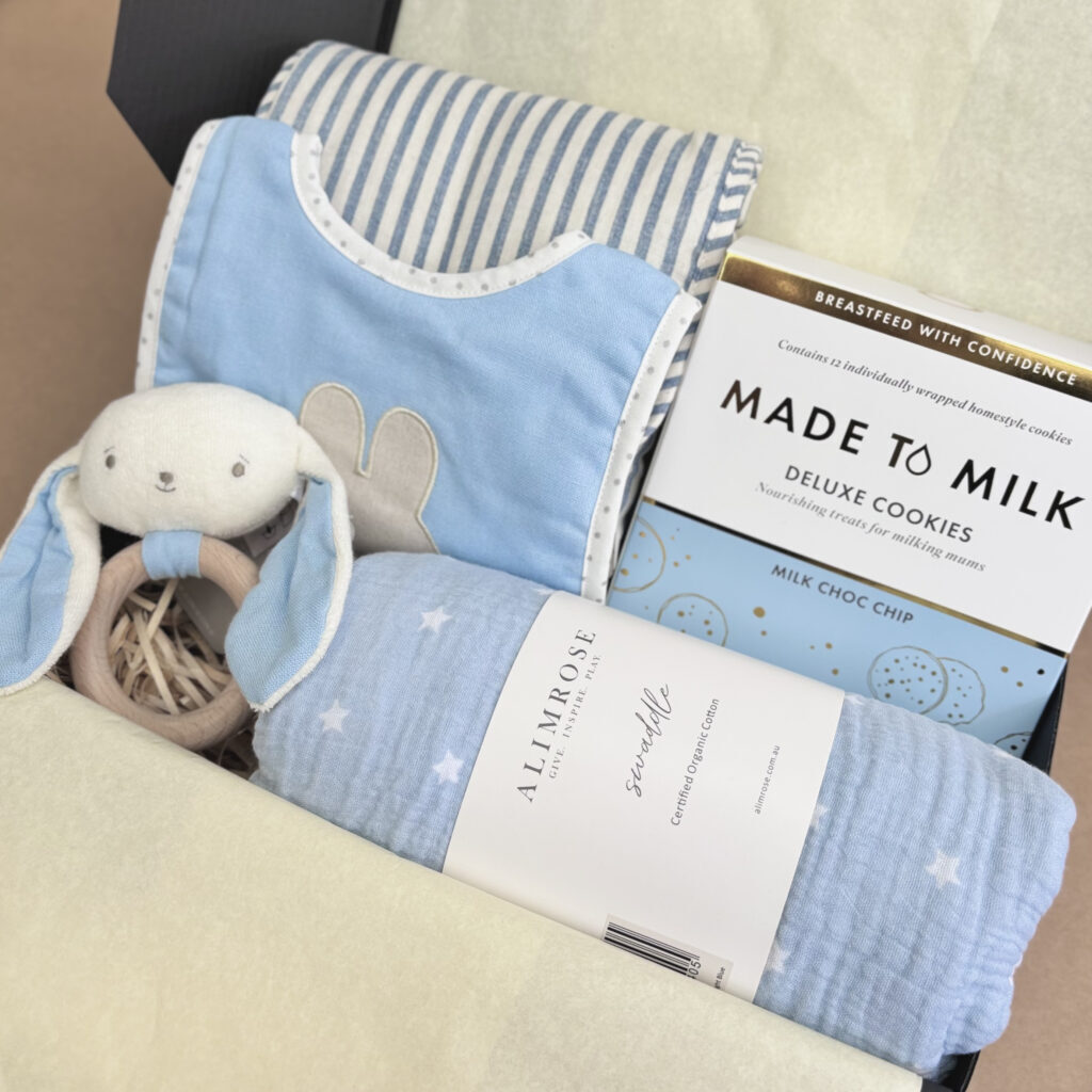 Welcome Baby Boy Deluxe Baby Hamper Baby boy gifts - Made to Milk Lactation Cookies Milk Choc Chip - Baby Swaddle blue - Baby change mat portable blue - baby teething toy blue