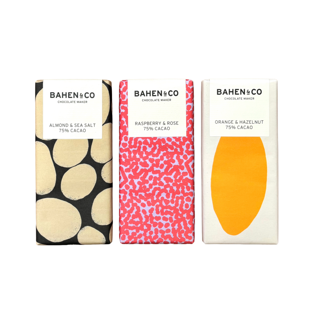 Bahen & Co Chocolate Bar 75% Cacao Set Bahen & Co Chocolate Bar Almond & Sea Salt 75% Cacao Bahen & Co Chocolate Bar Raspberry & Rose 75% Cacao Bahen & Co Chocolate Bar Orange & Hazelnut 75% Cacao