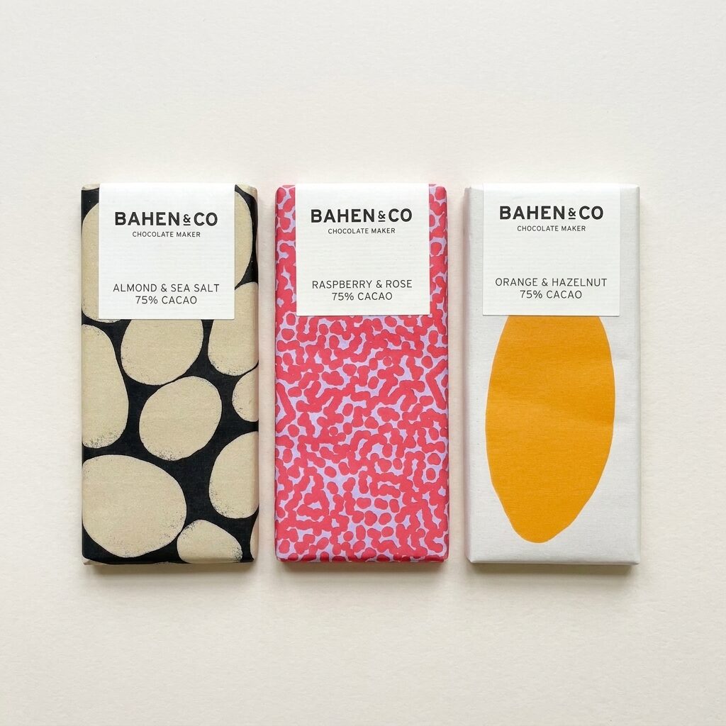 Bahen & Co Chocolate Bar 75% Cacao Set Bahen & Co Chocolate Bar Almond & Sea Salt 75% Cacao Bahen & Co Chocolate Bar Raspberry & Rose 75% Cacao Bahen & Co Chocolate Bar Orange & Hazelnut 75% Cacao